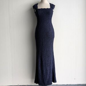 Adrianna Papell Navy Blue Lace Floor Length Formal Evening Gown